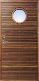 Bovalls ytterdør Resö liggende teak panel og rundt glass