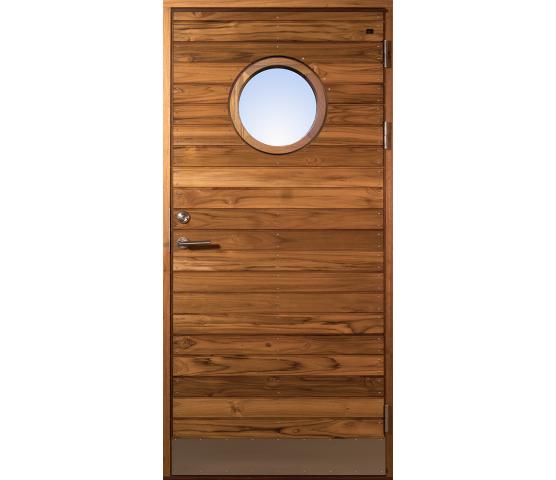Bovalls ytterdør Långö liggende Teak panel og rundt glass