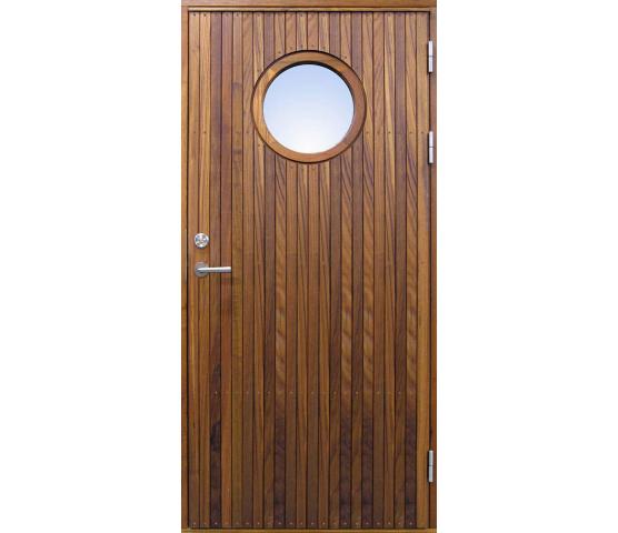 Bovalls ytterdør Resö vertikal teak panel og rundt glass